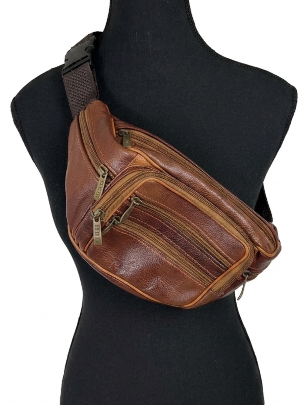 FU TE JIA Unisex Brown Leather Fanny Hip Pack Zippers Adjustable Strap